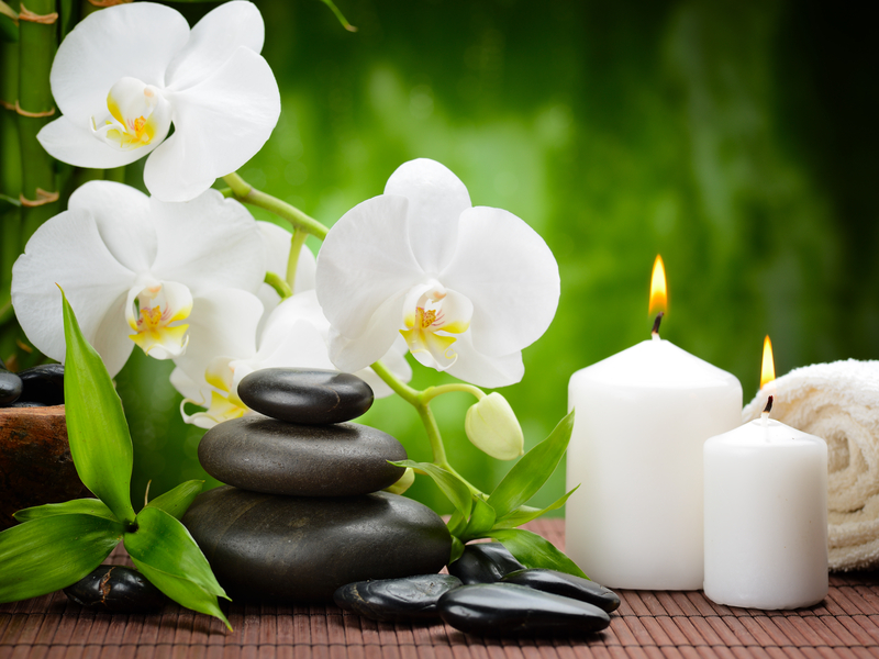 Zen basalt stones and orchid on the wood Zen basalt stones and orchid on the wood